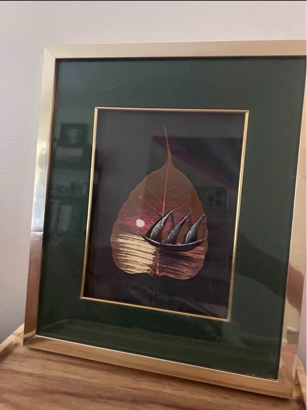 Vintage Framed Bodhi Leaf oil Painting - Sailboat Scene